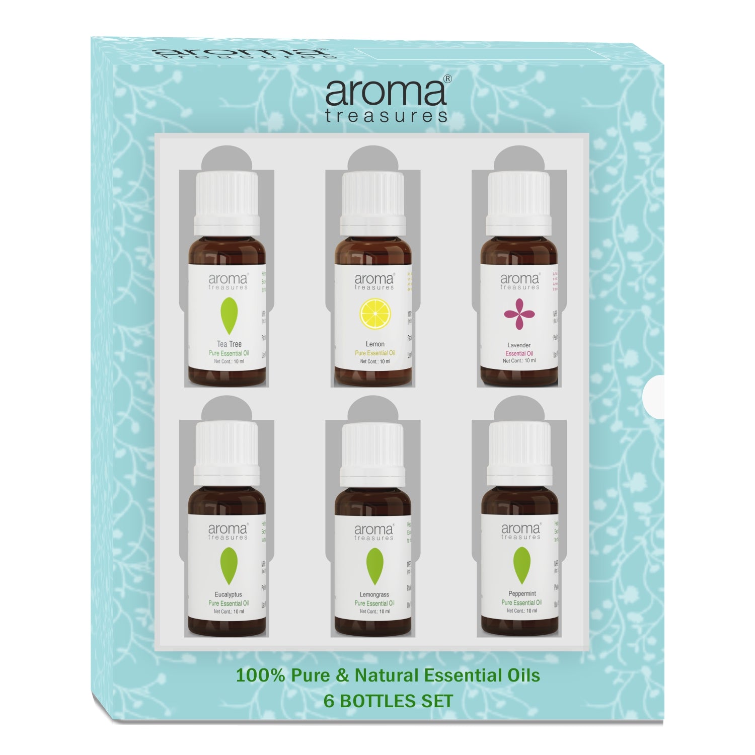 Aroma Treasures Essence of calm Essential Oils Set, 6 Pure Natural Oils - Tea Tree, Eucalyptus, Lavender, Lemon, Lemongrass, and Peppermint
