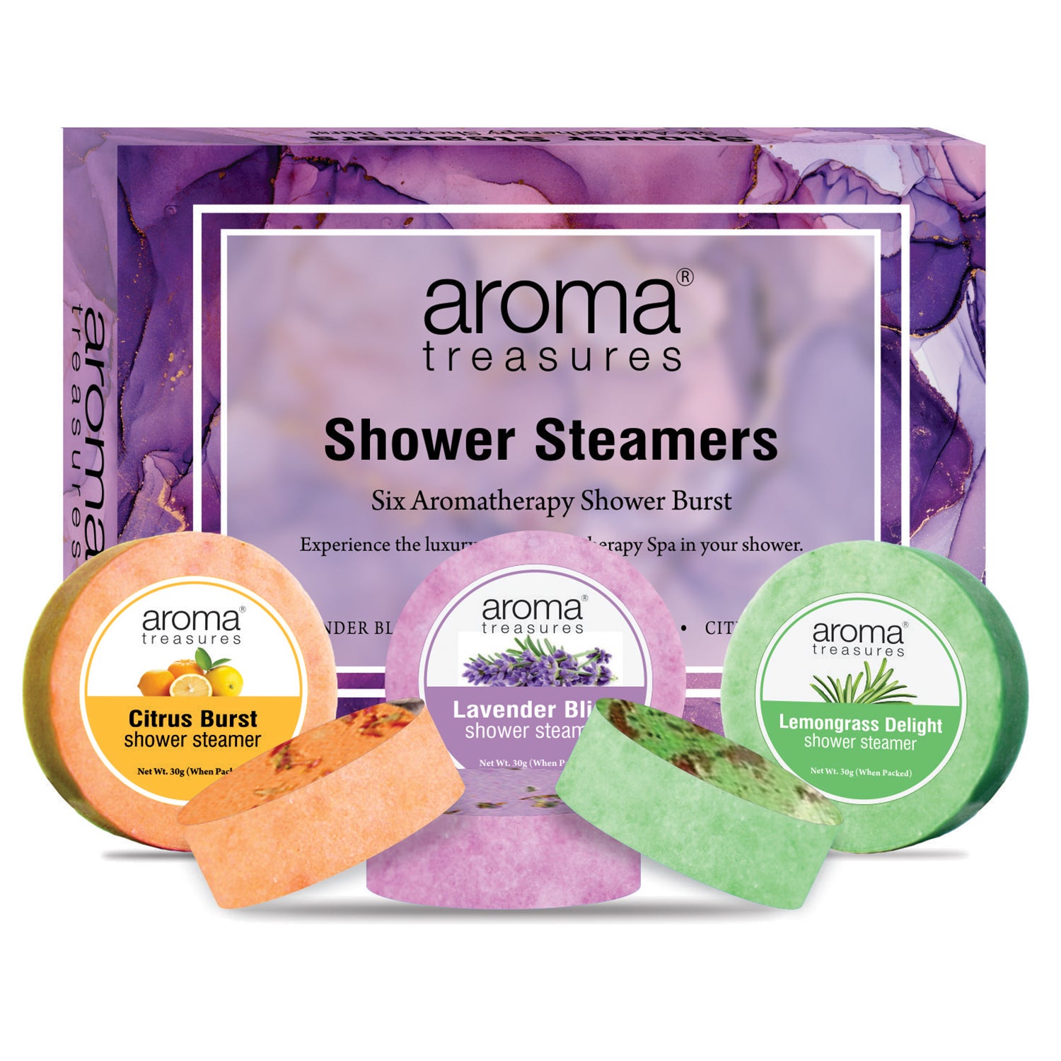 Aroma Treasures Shower Steamers | Aromatherapy Shower Bursts - Lavender, Lemongrass & Orange (Pack of 6) | Relaxing & Energizing Spa Experience | Natural Essential Oils | Gift Set for Wellness
